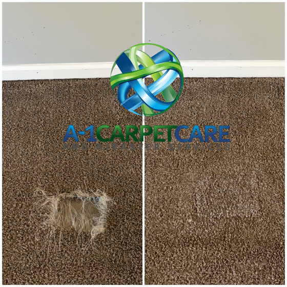 A hole in the carpet, patched, before and after