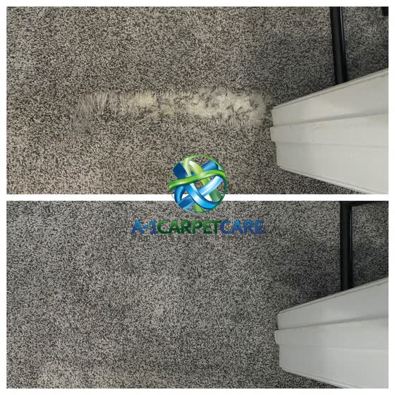 A frayed carpet-to-floor transition, before and after