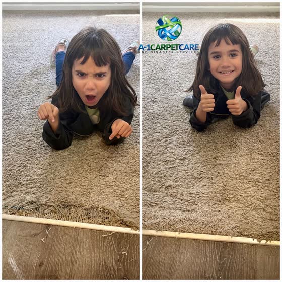 A torn edge where carpet meets the floor, before and after